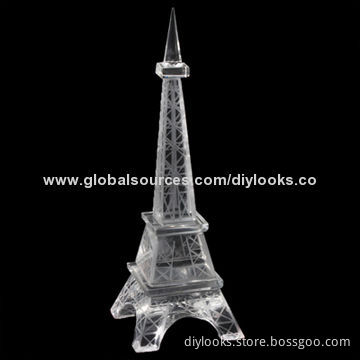 Round Display Base Holder, 4 LED Light with Crystal Figure-Eiffel Tower Model